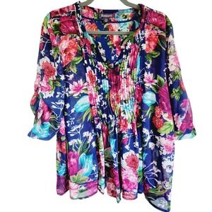 Roaman's 20W Blouse Multicolor Floral‎ Pleated Areas Rolltab Short Slv. Shirt